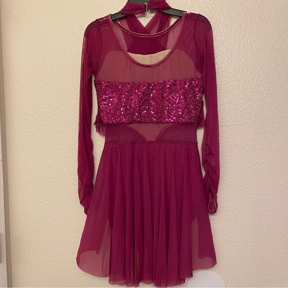 WEISSMAN Dance Costume hot pink sequin long sleeve dress Happier 11465 adult MA - Picture 4 of 10